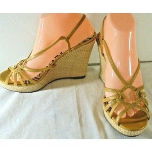 Steve Madden Womens 8.5 Strappy Wedges Yellow Gold 5 inch heels rattan wedges